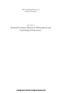 The Cambridge History of Literary Criticism, Volume 9: Twentieth-Century Historical, Philosophical and Psychological Perspectives